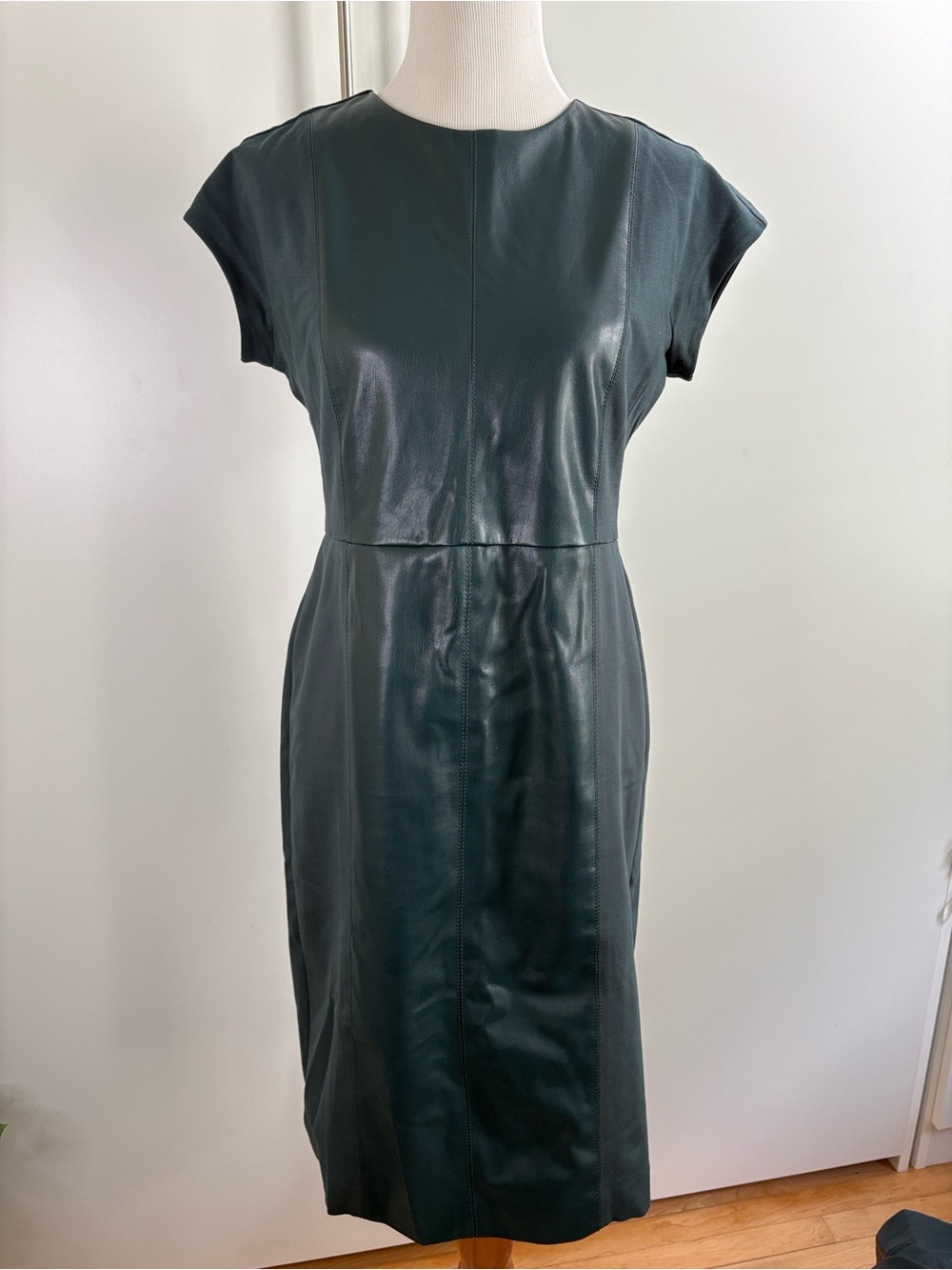 Ann Taylor Teal Green Cap-Sleeve Faux Leather & Jersey Sheath Dress 10P